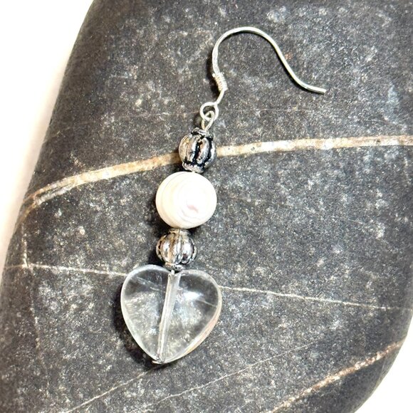 2/$20, Genuine Clear Quartz & Pearl Stone Heart Sterling Silver Earrings - Picture 6 of 9
